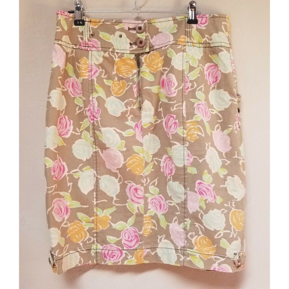 Anthropologie Hei Hei Size 4 Brown Pink Floral Denim Pencil Skirt Stretch Casual